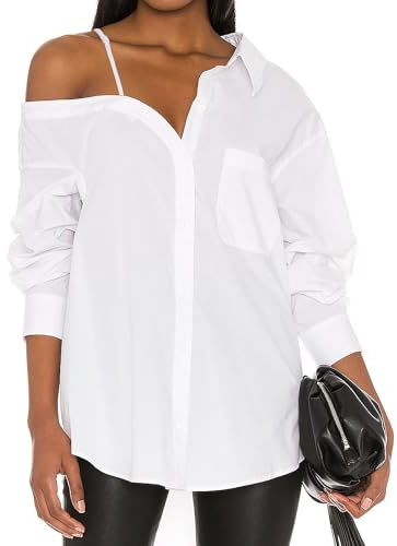 SUNNOW Women's Off Shoulder Long Sleeve Blouse Adjustable Tie Shirt with Functional Breast Pocket Relaxed Fit Casual Chic Top White