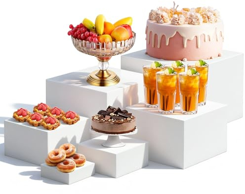MHYMX Dessert Table Display Set, 6PCS Buffet Risers White Food Display Stand with Hollow Bottoms Nesting Dessert Stands Acrylic Display Box for Wedding Cake Table Buffet Party