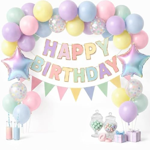 Birthday Decorations Set for Women & Girls - Pastel Happy Birthday Banner with Triangle Bunting, Star Foil Balloons, Confetti Balloons, Balloon Arch Chain, Ribbons & Glue Dots