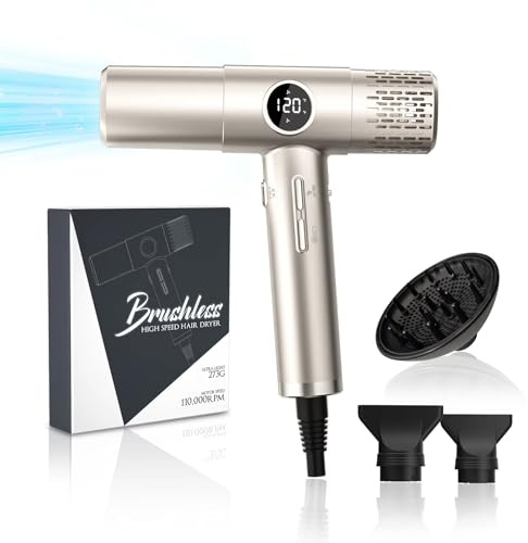 Secador de Pelo de Alta Velocidad, Secador Pelo Profesional con Difusor, Secado Rápido, Control Inteligente de Temperatura, Ligero,para Hogar, Peluquería, Viaje y Regalos,Salón (Champagne Oro)