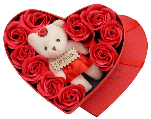 KUKUTrue® 10 Konservierte Rosen mit Plüschbär in Geschenkbox, Geschenk Freundin, Jubiläum, Ewige Rose, Romantische Überraschung, Geschenk für Sie/Ihn