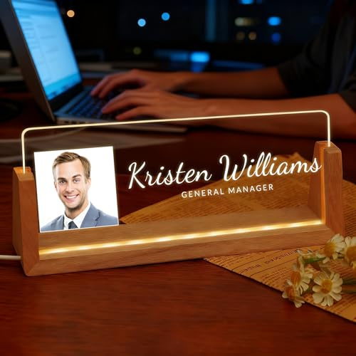 Personalized Light Up Desk Name Plate, Custom Name Photo Acrylic Plate for Office Desk, Unique Office Gifts for Boss/Coworkers/Teacher Appreciation Gifts & Stylish Decor for Men/Women (Style 2)