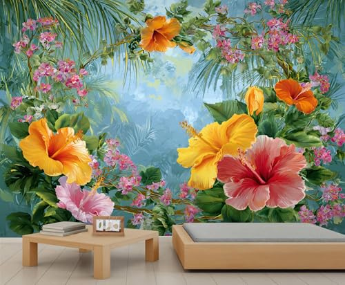 YEMYOR Floral Mural Wallpaper Colorful Hibiscus Flower Wall Mural for Room Decoration Tropical Plant Wallpaper for Living Room Bedroom-450x300cm