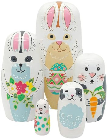 Generisch Easter Bunny Dolls, Wooden Educational Nested Bunny, Rabbit Nesting Dolls, Hand-Painted Toy Set, Learning Playset, for Kids Boys Girls Home Living Room Bedroom Playroom Spring Birthday