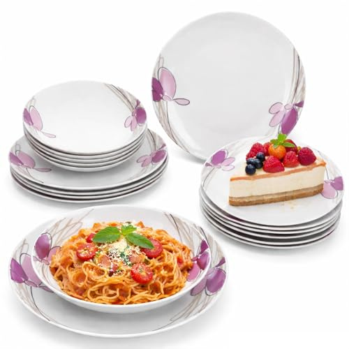 MamboCat Viola 18tlg Tellerset I weißes Porzellan mit violettem Blumen Dekor I 6 Personen I je 6x florale Speiseteller, Suppenteller 450ml & Kuchenteller