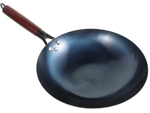 HOMSFOU Sartén Wok para Saltear de Hierro con Diseño Elegante y Mango de Madera, Fácil de Limpiar y Portátil, Adecuado para Cocina Casera y Utensilios de Cocina