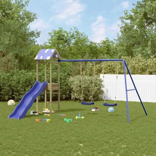 Runheo Torre gioco in legno di pino impregnato con scivolo ondulato, doppia altalena, sabbiera e tetto a nuvola per giardino, piedistallo da 90 cm, 308 x 340 x 195 cm, per bambini dai 3 agli 8 anni