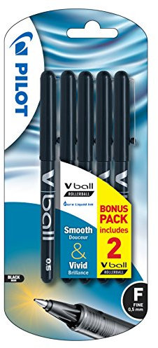 Pilot Vball - Bolígrafo de tinta líquida negro (0.5 mm, trazo fino, paquete de 5)