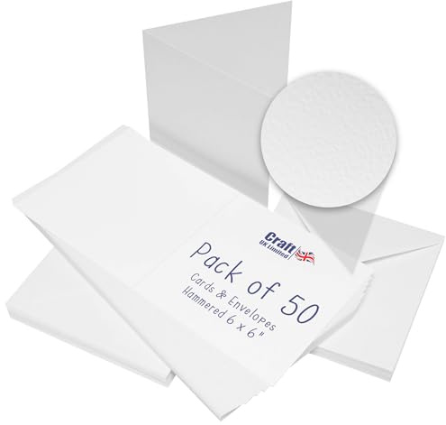 Craft UK W101 6 x 6 Hammered Cards and Envelopes - White (Pack of 50)