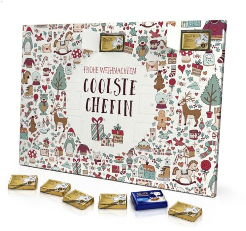 printplanet - Adventskalender mit Namen Coolste Chefin - Gefüllt mit Lindt Premium Schokolade - Motiv Christmasicons