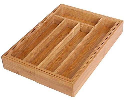 raxter® Bamboo Cutlery tray organiser Adjustable 5 Compartment Drawer Organizer &Utensil Holder for Kitchen Accessories Natural Brown wooden cutlery divider trays Eco-Friendly flatware organizer