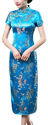 Laogudai Robe Asiatique Style Chinois Femme à Manche Courte Cheongsam Qipao Longue Robe Traditionnelle Chinoise Col Montant pour Soirée Cérémonie Cocktail - Bleu - Taille 40