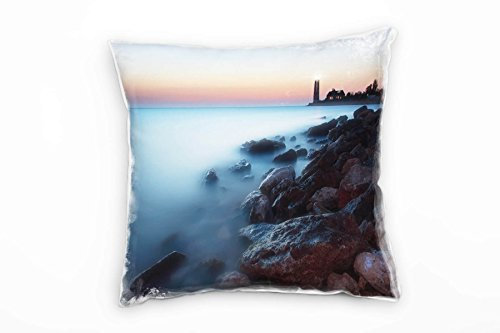 Paul Sinus Art Meer, grau, orange, Nebel, Leuchtturm Deko Kissen 40x40cm für Couch Sofa Lounge Zierkissen - Dekoration zum Wohlfühlen