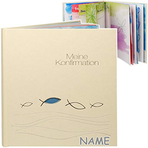 Konfirmationsalbum/Eintragalbum & Erinnerungsalbum/Fotoalbum Meine Konfirmation inkl. Name - Ichthys - beige blau - Buch Gebunden - Tagebuch Eintragbu..