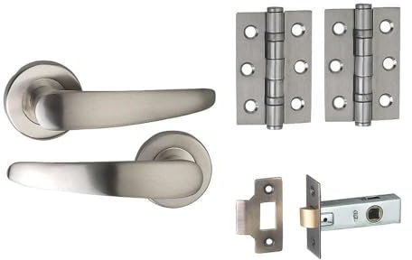 Designer Levers - Elegance Lever on Rose Door Handle - 76mm Tubular Latch and 76mm Ball Bearing Hinges Included - Easy Grip - 1 Pair - Brushed Satin Nickel - Interior Use