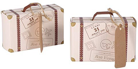 Heaveant Mini Koffe, 50 Stück Vintage Kraftpapier Reisekoffer Geschenkbox mit Etiketten und Jute Schnur für Geburtstag Party Hochzeit (8×5×3cm)