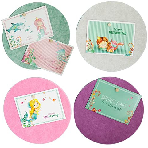 Papierdrachen 4 Pinnwand Tafeln mit 6 Postkarten - Kinderzimmerdeko aus Filz zum Aufhängen - Selbstklebende Wanddeko inkl. 12 Pins - Motivationssprüche - Meerjungfrau - Set 1