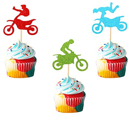 Arthsdite 48Pcs Dirt Bike Motocross Cupcake Toppers for Dirt Bike Themed Birthday Party Cake Decorations Colorful Glitter Motorcycle Cupcake Picks Man's or Boy's Birthday Party Supply Decoration