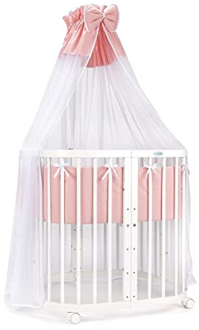 Waldin Babybett aus Holz 7in1 mit Matratze, Mitwachsendes Kinder-Bett, Belüftet, Boden 5-Fach Verstellbar, All-Inclusive-Set, Holz Weiß, Stoffe Lachs