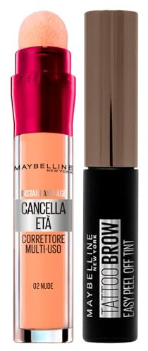 Maybelline New York Instant Anti-Age Cancella Età Correttore Multiuso 02 Nude + Tattoo Brow Easy Peel Off Tint Penna per Sopracciglia 25 Chocolate Brown - Kit Make Up Anti Lucido Effetto Tatuaggio
