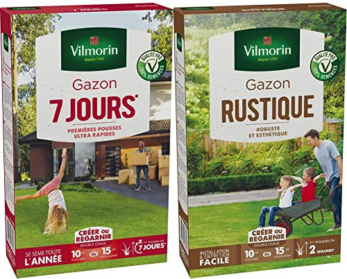 Vilmorin Gazon 7 Jours Boite 250 g, Vert & Gazon Rustique Boite 250 g, Vert