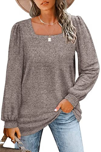 GOLDPK Langarmshirt Damen Pullover Mode Einfarbige Basic T-Shirt Elegant U-Kragen Bluse Lässige Loose Oberteile Khaki L