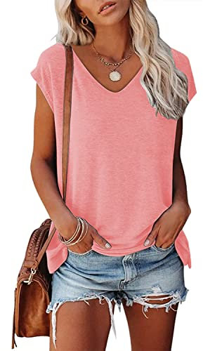 GOLDPKF T-Shirt pour Femmes T-Shirt de Sport Femme de Yoga Femme Col V T-Shirts et Tops Sport Femme Respirant pour Running Fitness Rose X-Large