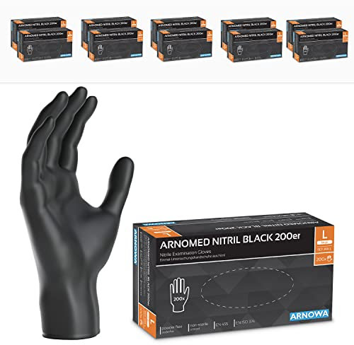 2000x ARNOMED Einweghandschuhe Schwarz, Einmalhandschuhe L, Nitrilhandschuhe (10x200 Stk), Handschuhe Einweg puderfrei, Gummihandschuhe Einweg, Handschuhe Nitril, Einmalhandschuhe in S, M, L & XL