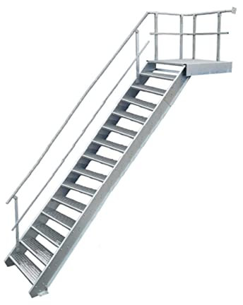Podesttreppe / 14 Stufen + Podest Stahltreppe mit Geländer Links/Stufenbreite 100cm / Geschosshöhe 250-320cm