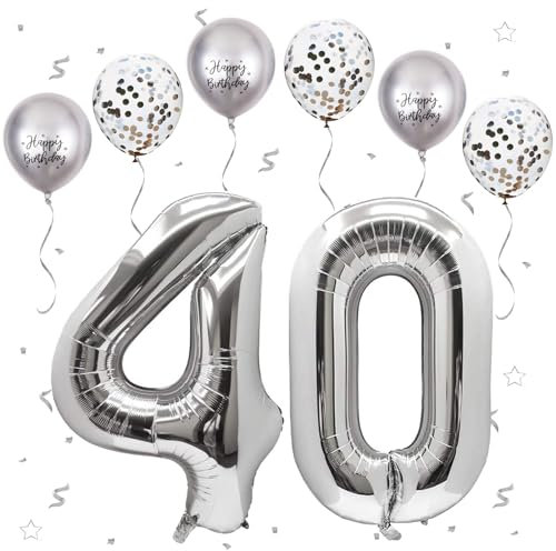Plata Número 40 Globos, 40 Pulgadas Papel Aluminio Grande Número 0 y 4 Globos, Globos de Helio número 40, Globos de Cumpleaños 40 Para Hombres Mujeres Fiesta Aniversario (Nummer 40)