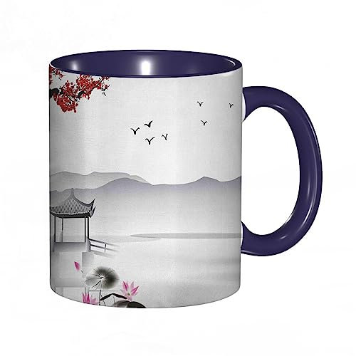 DHAEY Mug porcelaine fine Oiseau de style japonais et petit pavillon sur le lac Lotus Waterlily |Mug humour pour collègue, amis, copains, frères et soeurs |Mug original avec