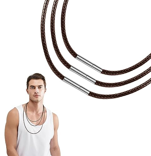 Xinjieda 3 Pcs Necklace Cord Faux Leather Necklace Cord with Clasp 316L Stainless Steel Buckle Wax Rope 2.5mm Brown Necklace Braided Rope Chain Waxed Cord for Jewellery Making Gifts for Men and Women