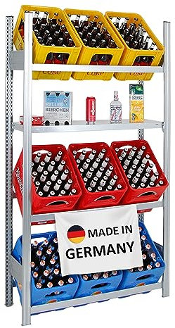 PROREGAL Getränkekistenregal Chiemsee Made in Germany | HxBxT 185x106x34cm | 9 Kisten auf 3 Ebenen + Board | Verzinkt | Freistehendes Kistenregal Kastenregal Getränkekregal Kistenständer