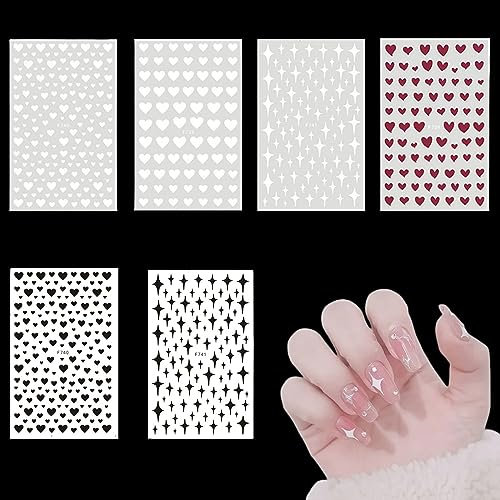 Hearts Nail Art Stickers - 3D Stars & Love Hearts - Self-Adhesive Nail Decals - Valentine Nail Supplies for DIY Decorations (Black+White+Red)