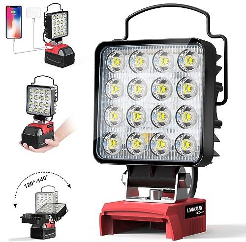 Lampe LED Rechargeable Pour Milwaukee 18V Batterie - LIVOWALNY 48W Projecteur LED Chantier à Double Interrupteur avec Type C/USB Lampe de Travail Pour Garage, Camping, Chantier (Sans Batterie)