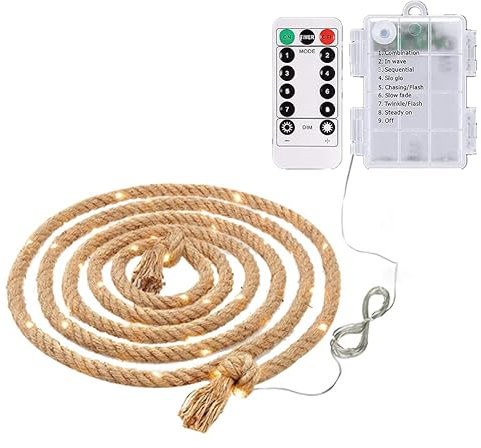 Corde lumineuse en jute alimentée par piles, 10 m, 200 LED, étanche, pour extérieur, intérieur, terrasse, piscine, chambre à coucher, salon, éclairage paysager et décorations d'arbre de Noël