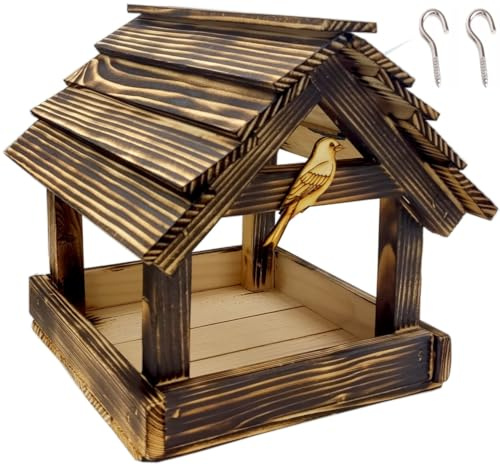 Capability- Vogelhäuschen XXL, gebrannt, aus Holz, witterungsbeständig, hängendes Vogelhaus, Vogelhäuschen aus Naturholz, für Gartenvögel, auf Holz fürs Fenster, Haus- und Gartenfutterhäuschen