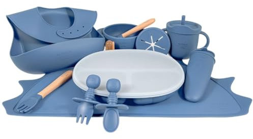 Althea Living - Vajilla bebé silicona orgánica - 15 piezas - Plato y bol con ventosa, vaso de aprendizaje, cubiertos con mango de bambú, cubiertos de aprendizaje, babero, mantel (Azul marino)