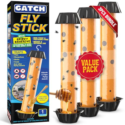 GATCH Fliegenstockfalle - 3 Pack | Klebrige Fliegenfallen für Innen und Außen, Fliegenfänger, Falle Fliegen, Mücken, Käfer, Schnaken, Fruchtfliegen, Wespen, Ungiftig