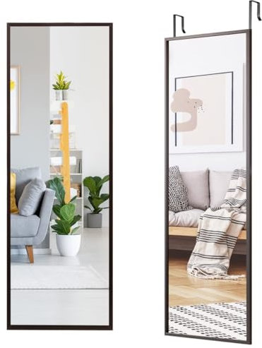 RELAX4LIFE Wandspiegel Metallrahmen, Spiegel Hartglas, Ganzkörperspiegel Wand- & Türmontage, Türspiegel mit 3-stufig verstellbarem Haken, Hängespiegel für Schlafzimmer Garderobe Eingang (Braun)