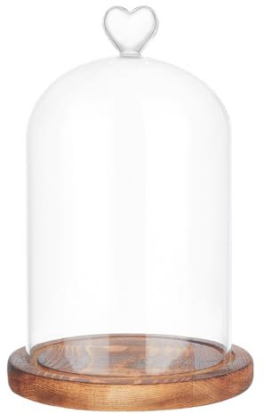 NBEADS Dôme en Verre Coeur, 22cm de Long Pot à Cloche Terrarium avec Base en Bois Présentoir Décoratif Dôme pour Plantes Fleurs Bougies Aromatiques Décoration de Bureau, Clair