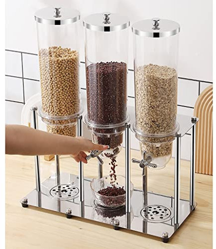 Dispensador de alimentos secos de acero inoxidable – Contenedor de triple control de 10,5 L para cereales, frutos secos, dulces, aperitivos – opción de control único conveniente y duradero,