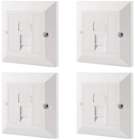 rhinocables CAT5e Ethernet Faceplate | Double 2 & Quad 4 RJ45 Gang Wall Sockets | Simple CAT 5 Setup for Printers, VoIP, Phones & More | Network Expansion for Home or Business (1 Port,Pack of 4)