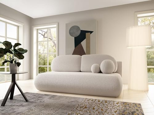 LIKMA Creme Sofa Como 210x85x100 cm mit Schlaffunktion und Bettzeugbehälter, Schlafsofa mit Bettkasten, Modernen Klappsofa Sofa Couch mit Kissen, Gästebett Bettsofa Stoff: Bouclé Lambi 8