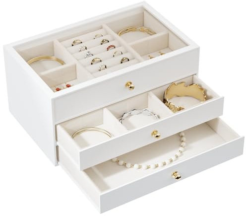 Messmenos Schmuckschatulle mit Glasdeckel, Acryl-Schmuck-Organizer für Damen und Mädchen, 3 Ebenen, Schmucktruhe für Ohrringe, Ringe, Halsketten, Armbänder – Weiß
