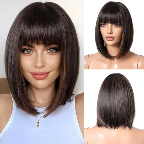 OUFEI Dunkelbraun Highlight Bob Perücke mit Pony Kurze gerade Perücke für Frauen Synthetisches Haar Perücken für tägliche Party Cosplay tragen