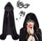 3er Schwarzer Umhang mit Kapuze Set,140/150cm Halloween Umhang Samt mit SpitzeMaske & Gothic Finger Kette Vampir Umhang Damen Darth Vader Mittelalter Cape Vampire Kostüm für Karneval Fasching Partys