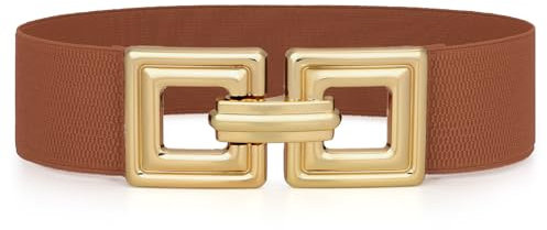 WHIPPY Damen Breiter Elastischer Taillengürtel Stretchy Gürtel für Kleid dehnbarer Hüftgürtel Mode Quadratischer Gold Schnalle,Braun 90cm