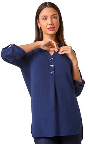 Roman Originals Shirt for Women UK Ladies Longline Top Collarless Blouse Smart Tunic Casual Evening Relaxed Fit 3/4 Length Sleeve Notch V Neck Long - Plain Navy - Size 12
