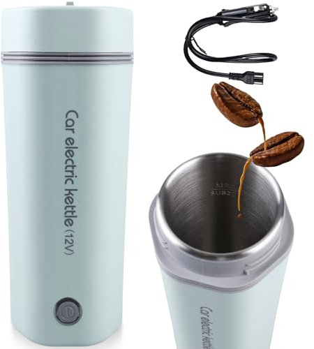 Calentador de agua portátil para coche, 450 ml, hervidor eléctrico de viaje, 12 V, 80 W, con forro de acero inoxidable 304, mini taza de calor para coche, para camping, viajes al aire libre (verde)